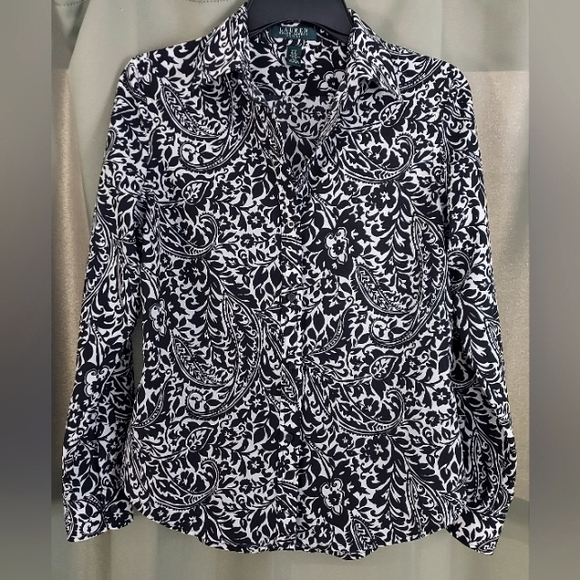 Lauren Ralph Lauren Tops - Lauren Ralph Lauren Petites Black and White Paisley Button-up Blouse